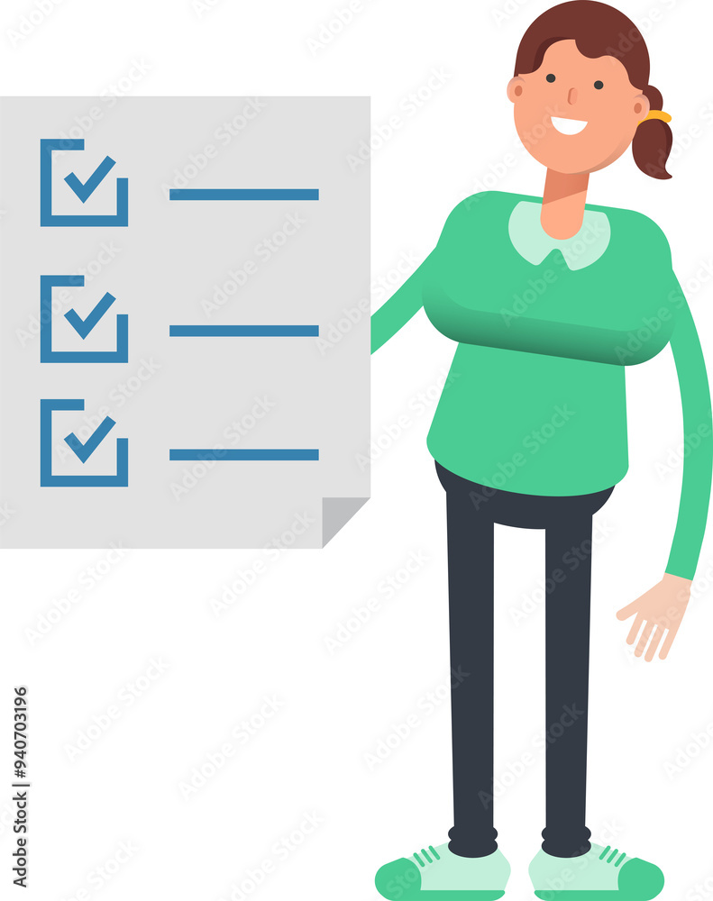 Girl Character and Check List Document Stock Illustration | Adobe Stock