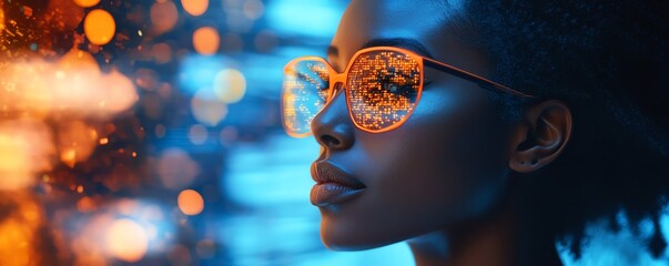 Poster - Female African American IT specialist analyzing futuristic holographic data information related to AI cyber security threats