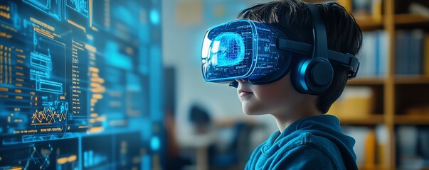 Fototapete - Interactive classroom scene with a school student wearing a VR headset