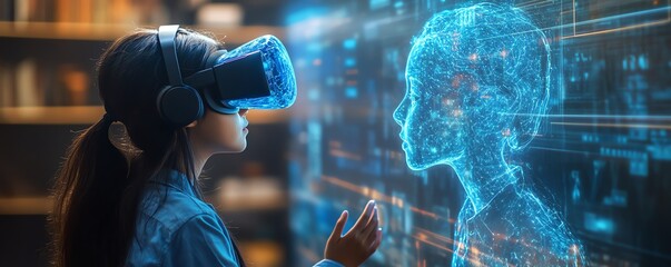 Fototapete - Interactive classroom scene with a school student wearing a VR headset