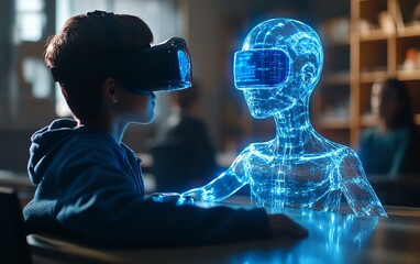 Fototapete - Interactive education scene with a student wearing a VR headset, utilizing AI and machine learning technology in the classroom, with a futuristic blue AI hologram