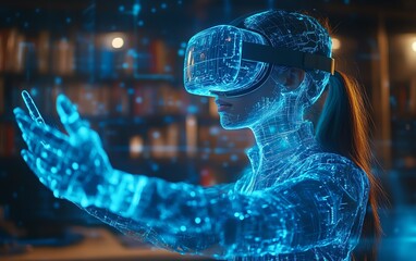 Fototapete - Interactive education scene with a student wearing a VR headset, utilizing AI and machine learning technology in the classroom, with a futuristic blue AI hologram