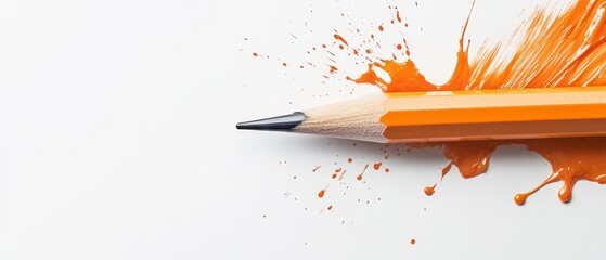 Wall Mural -  A pencil with orange paint dripping from its tip, extending beyond the pencil's end