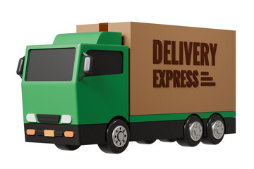 Wall Mural - 3D Green Truck delivery express car icon on isolated purple background. Online shopping, E-commerce and Send a parcel delivery service concept. Minimal Cartoon Van truck logistic icon. 3d render.