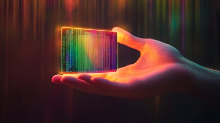 Sticker - hand holding holographic cube with rainbow lines and glowing light effect - futuristic technology concept.