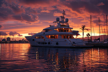 Luxury private motor yacht in tropical sea with soft blue wave on beautiful nature background