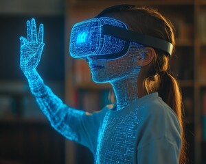 Fototapete - School student using a VR headset with AI artificial intelligence technology and machine learning in an interactive classroom setting