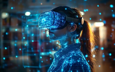 Poster - Student with VR headset in a classroom, utilizing AI artificial intelligence technology and machine learning, highlighting interactive and smart tech with a blue hologram