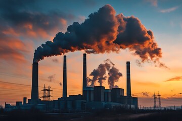 Industrial Sunset: Power Plant Smoke and Orange Sky