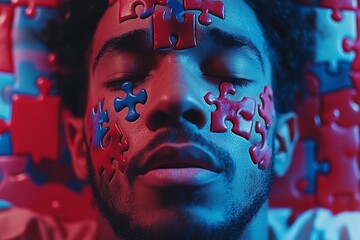 Poster - A thought provoking portrait of a man with puzzle pieces overlaying his face representing identity self discovery and the complexity of the human mind in vibrant colors