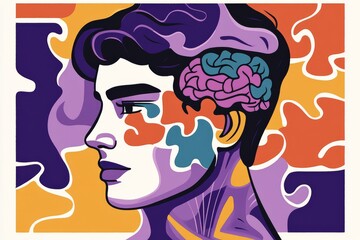 Sticker - A vibrant and stylized illustration of a person with a brain puzzle symbolizing mental complexity creativity and the vibrant interplay of thoughts ideas and emotions in an abstract style