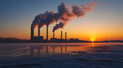 Industrial Sunset: Power Plant Silhouettes and Smoke at Dusk