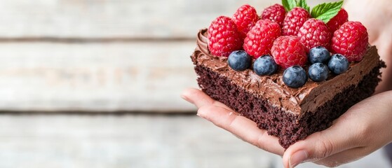 Wall Mural -  A tight shot of an individual's hand, gripping a slice of cake The dessert is adorned with chocolate frosting and a generous scattering of raspberries atop