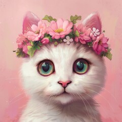  A white cat with a wreath of pink flowers on her head with big green eyes on a pastel pink background