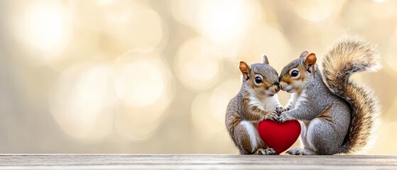  Two squirrels atop a wooden table, near a heart-shaped red morsel