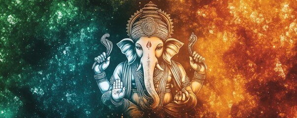 banner in colors of Indian flag with elements of god Ganesh with background and copy space Ganesh Chaturthi elephant festival in India Illustration for banner design poster greeting card print