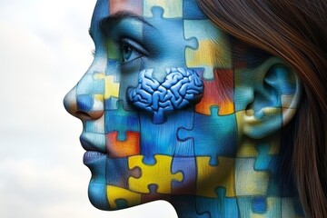 Canvas Print - A vibrant and surreal portrait of a woman with a multicolored puzzle pattern on her face symbolizing the complexity of identity the blending of cultures and multifaceted nature of human experience