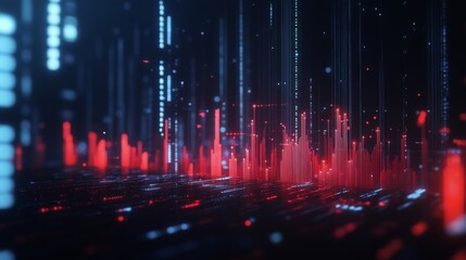 Poster - a close-up of a 3d bar graph with animated data bars rising and falling, set against a high-tech, da