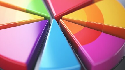 Fototapete - A close-up of a 3D pie chart with vibrant segments, showing a detailed breakdown of financial data with a reflective surface.