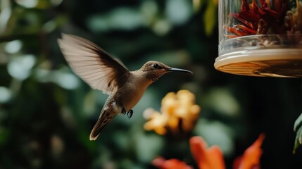 Poster - A close-up of a bird hovering near a feeder, wings blurred with motion, surrounded by nearby garden plants.