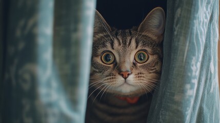 Poster - A close-up of a chubby cat peeking out from behind a curtain, with its curious eyes and rounded body partially visible, showcasing its playful and charming personality.