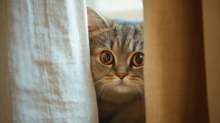 Poster - A close-up of a chubby cat peeking out from behind a curtain, with its curious eyes and rounded body partially visible, showcasing its playful and charming personality.