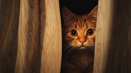 Poster - A close-up of a chubby cat peeking out from behind a curtain, with its curious eyes and rounded body partially visible, showcasing its playful and charming personality.