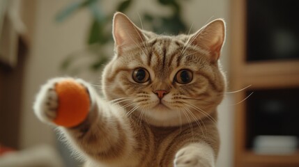 Aufkleber - A close-up of a chubby cat playfully batting at a toy, with its round face and chubby paws in focus, highlighting its playful and affectionate nature.