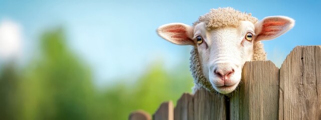  A sheep peeks over a wooden fence, its head protruding from the top