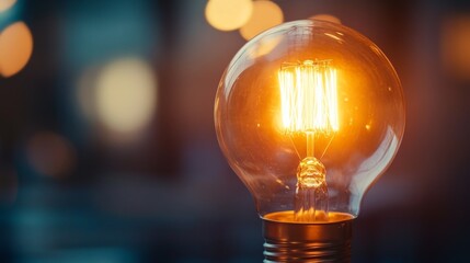 Poster - A close-up of a glowing incandescent light bulb with a warm, soft light emitting from it, highlighting the filament and the subtle details of the glass.