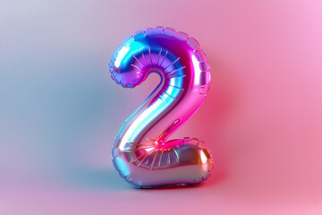 a vibrant 3d render of a helium balloon number 2 with a metallic finish.