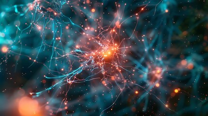 Wall Mural - Microscopic view of neural networks firing in a brain simulation /