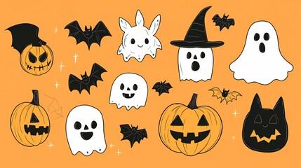 Wall Mural - A festive Halloween-themed illustration featuring ghosts, bats, and pumpkins.