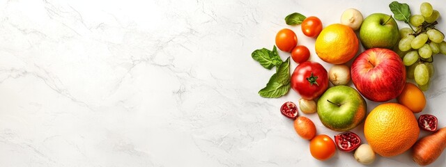  A selection of fruits and vegetables arranged on a pristine white marble countertop The display includes vibrant green leafy vegetables, ripe red tomatoes, and sunny orange citrus