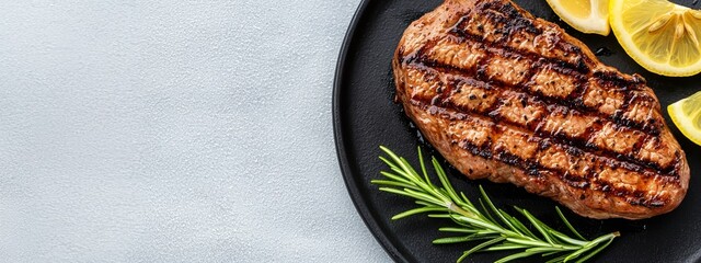 Wall Mural -  Steak on black plate, lemon wedges and rosemary sprig beside