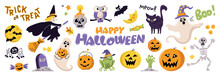 Happy Halloween day element background vector. Cute collection of spooky ghost, pumpkin, bat, candy, moon, skull, spider, cat, frog. Adorable halloween festival elements for decoration, prints.