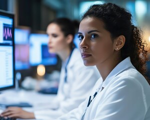 Women conducting research on health data in a government health department, emphasizing analysis and public health policy, Female health researchers, Health labor