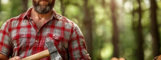 Wall Mural -  A man holds an axe in his right hand and a wooden mallet in his left, dressed in a red and white plaid shirt