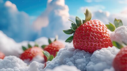 Wall Mural - Strawberry floating among fluffy clouds with warm sunlight.