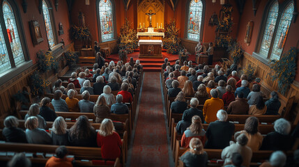 A group of people gathering at a local church, with the community coming together for a religious service, highlighting the importance of faith, with copy space