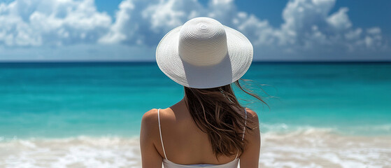 Canvas Print - A woman in a dress and white hat standing on the beach, viewed from the back. The turquoise ocean and sky are visible in the background.