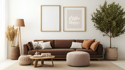 Sticker - Modern Living Room Design with Brown Sofa and Stylish Decor