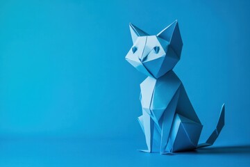 origami art of cat on solid blue background, origami craft for kids 