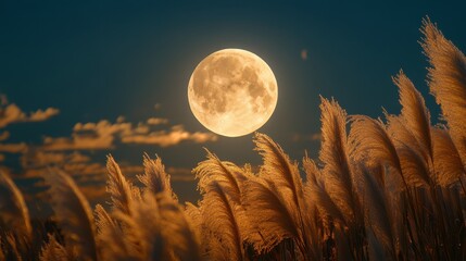 full moon and japanese pampas grass in midnight,the harvest miscanthus sinensis and full moon,beauti
