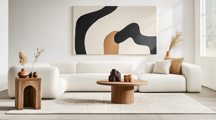 Wall Mural - Modern Living Room with White Sofa, Wooden Coffee Table and Abstract Art