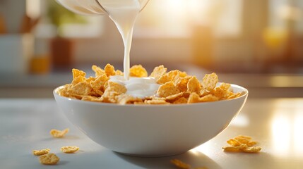 Breakfast of cornflakes cereal bowl with milk being poured over them with a splash effect. Close. up shot.