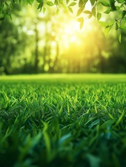 Canvas Print - Close-up of lush green grass with a blurred background of trees and a warm sun shining through the leaves.