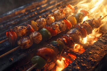 Visualize an ultra-detailed scene where Chicken and Vegetable Kebabs are presented on a charred grill, with flames licking the edges of the skewers, creating a mesmerizing play of light. Generative Ai