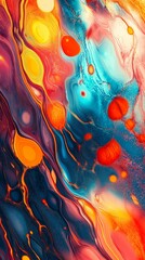 Canvas Print - Abstract colorful liquid art with swirls of blue, red, yellow, and orange paint.