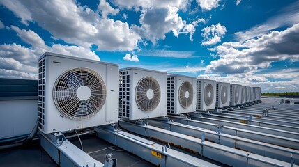 A row of industrial air conditioning units on a rooftop against a backdrop of blue sky and fluffy clouds, conveying a sen